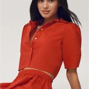 Maeve Anthropologie Lantern-Sleeve Blouse Red Cotton Boxy Crop